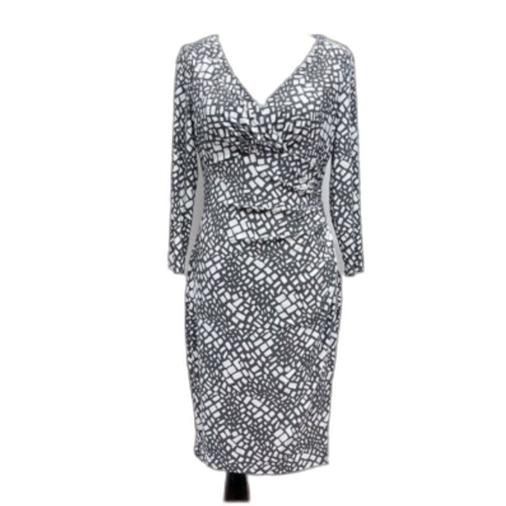 Lauren Ralph Lauren Ivory Gray Geo Print Faux Wrap Ruched Midi Dress Size 6 - Picture 2 of 14